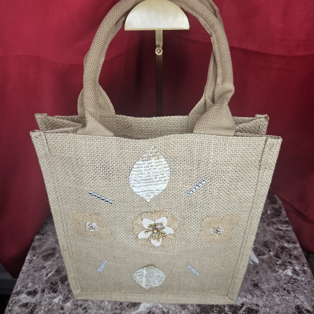 NWOT Natural burlap Reusable Jute Tote Bag W/cotton Handles 11x9.4x4